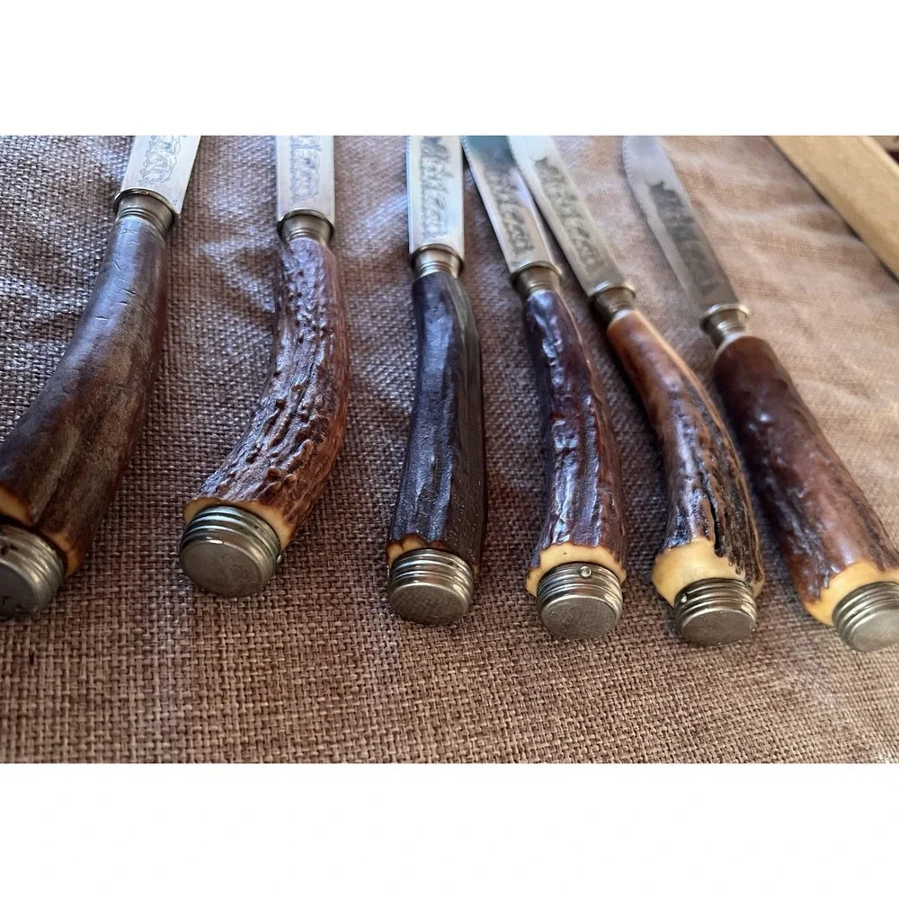 Anton Wingen Solingen Germany Rostfrei Engraved Stag Horn 6 Piece Knife Set‎